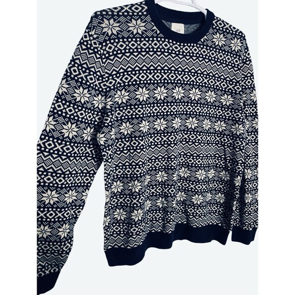 H&M Sweater Navy Fair Isle Nordic Cotton Crew Neck Long Sleeve Pullover - Picture 2 of 9